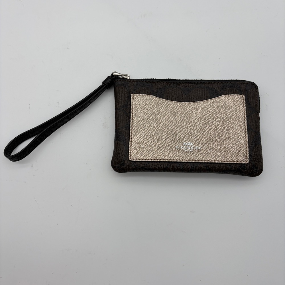 Coach Wristlet Womens Brown Signature Canvas Gold Card Holder Zip Top Bag 8662